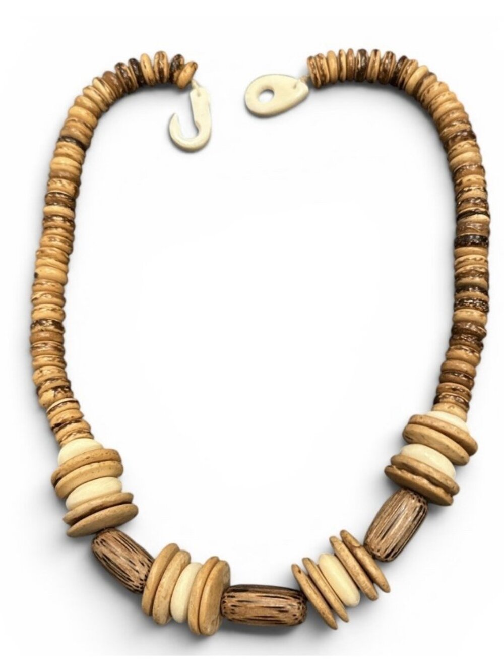 Coconut Shell Bone Bead Necklace Boho Tribal Statement Disc Beads Bone Clasp